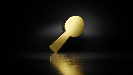 gold metal symbol of utensil spoon 3D rendering with blurry reflection on floor with dark background