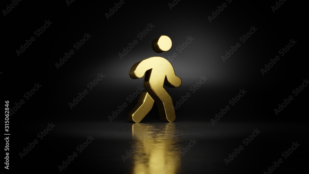 Poster gold metal symbol of walking 3d rendering with blurry reflection on floor with dark background