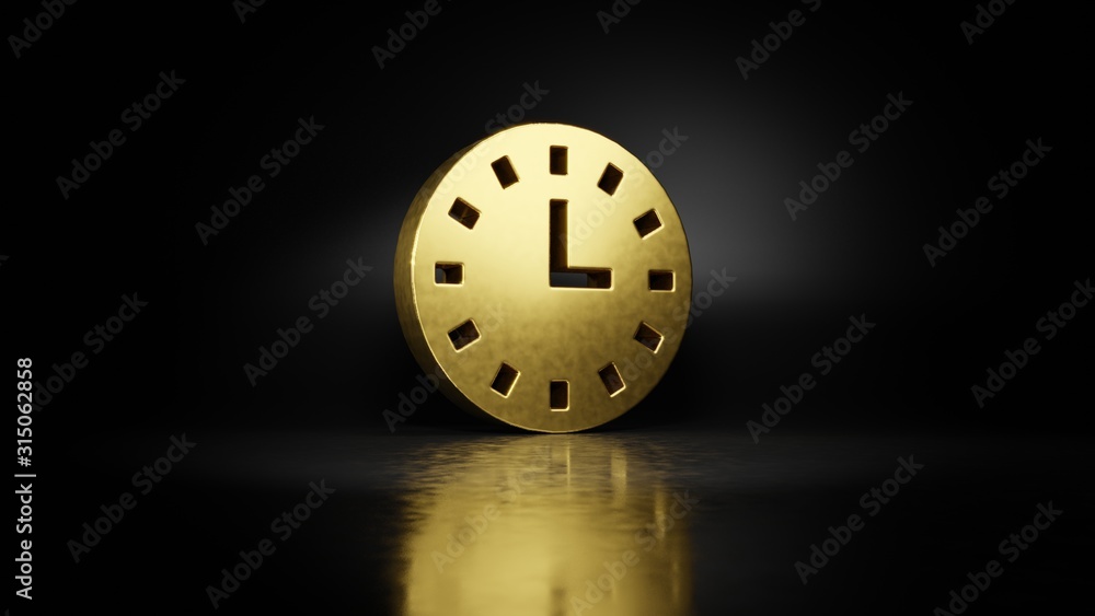 Poster gold metal symbol of wall clock 3d rendering with blurry reflection on floor with dark background