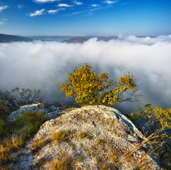 fog over the canyon. Dnister River. autumn morning in a picturesque place