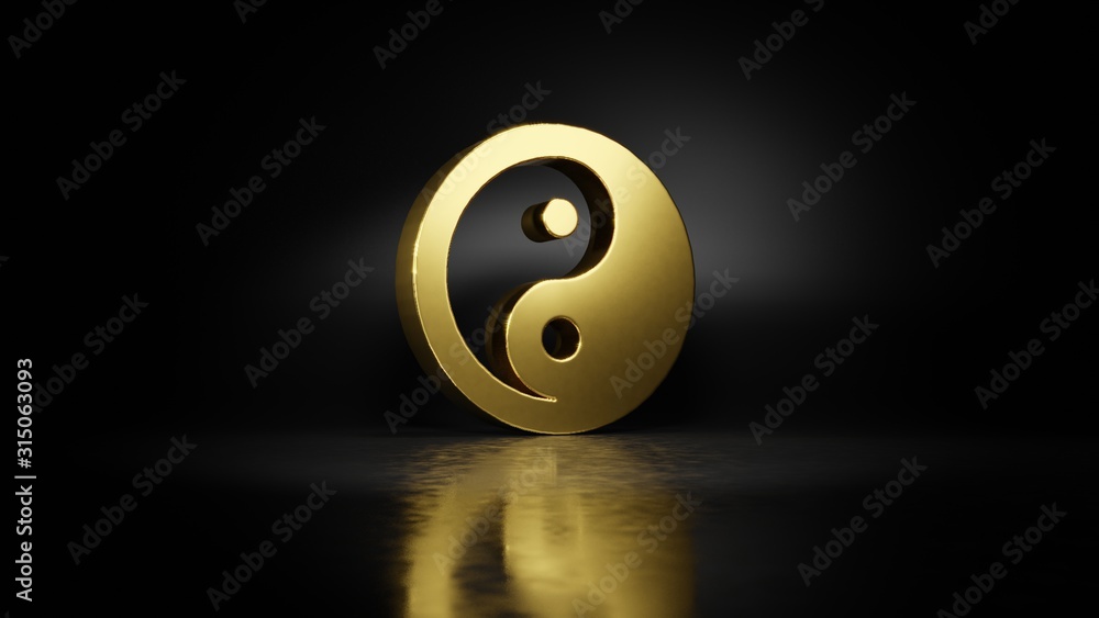 Poster gold metal symbol of yin yang 3d rendering with blurry reflection on floor with dark background