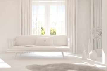 Mock up of stylish room in white color with sofa. Scandinavian interior design. 3D illustration