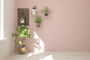 Empty room in pink color. Scandinavian interior design. 3D illustration
