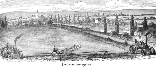 Steam harvester, vintage tractor, working machine. Agriculture panoramic banner. Farmers Antique illustration from allround sytem for agriculture work from Brockhaus Konversations-Lexikon 1908 © Basicmoments