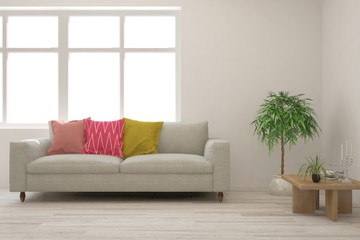 Stylish room in white color with sofa. Scandinavian interior design. 3D illustration