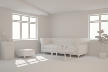 Naklejka na ściany i meble Mock up of stylish room in white color with sofa. Scandinavian interior design. 3D illustration