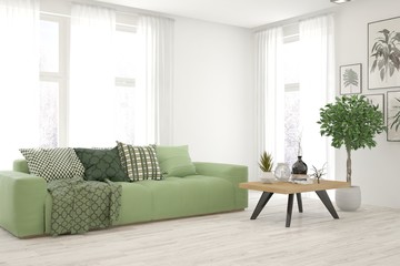 Stylish room in white color with sofa. Scandinavian interior design. 3D illustration