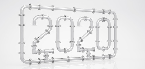 New Year 2020 made of chrome pipes surrounded by a frame on a white background. 3D render.