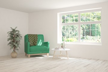 Mock up of stylish room in white color with armchair and green landscape in window. Scandinavian interior design. 3D illustration