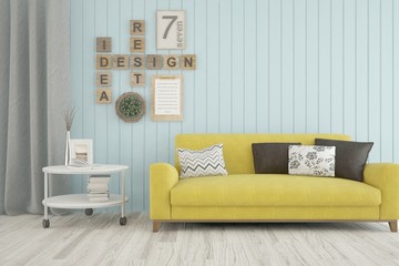Stylish room in blue and yellow color with sofa. Scandinavian interior design. 3D illustration
