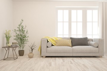 Stylish room in white color with sofa. Scandinavian interior design. 3D illustration