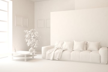 Mock up of stylish room in white color with sofa. Scandinavian interior design. 3D illustration