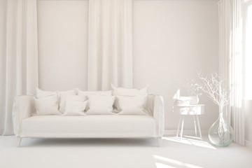 Mock up of stylish room in white color with sofa. Scandinavian interior design. 3D illustration