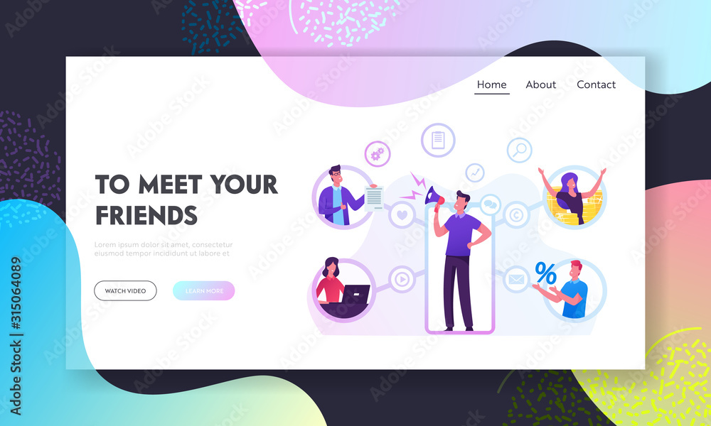 Aufkleber referral program business website landing page. salesman shouting to megaphone attracting audience t