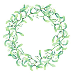 Round frame with watercolor wreath of mistletoe.  Place for your text. Perfect for greetings, invitations, announcement, web and wedding design. Raster.