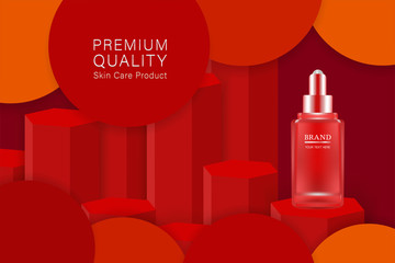 Beauty product ad design, red cosmetic container with luxury advertising background ready to use, luxury skin care banner, illustration vector.	