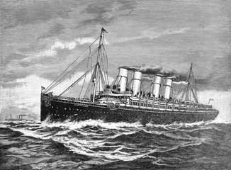Double-screw steamer (steam ship) Germany 1900 to New York after the world war 1, Illustration from Brockhaus Konversations-Lexikon 1908 © Basicmoments