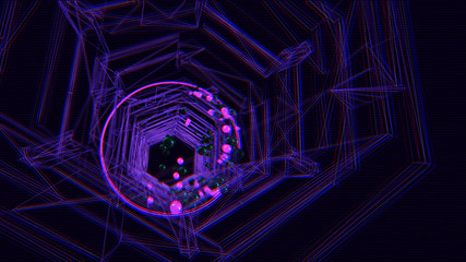 Abstract Art | Wireframe structure with neon spheres on dark violet background. Retrowave, synthwave, vaporwave illustration. ⁞ 3D Illustration with Glitch Effect