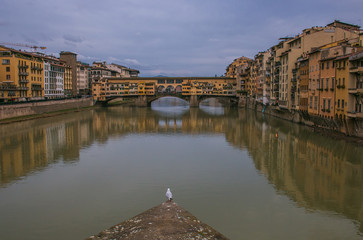 Fototapeta na wymiar View of Ponte Vecchio Bridge - “Old Bridge”- is the most famous bridge in Florence and undoubtedly one of the city’s most illustrious landmarks