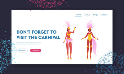 Brazil Culture, Carnival in Rio De Janeiro Website Landing Page. Girls in Festival Costumes with Feather Wings Dancing. Brazilian Samba Dancers Women Web Page Banner. Cartoon Flat Vector Illustration