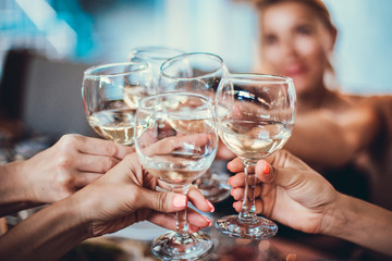 Wine party with lovely glasses and girls