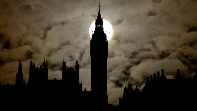 London: Big Ben Clock Tower and Palace of Westminster at Night with Full Moon