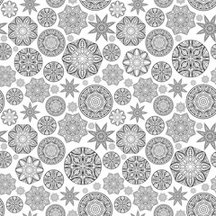 Seamless geometric pattern with abstract ethnic rounds and stars.