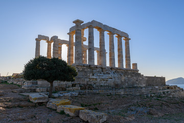 Ruins of ancient Temple of Poseidon at Cape Sounion in Attica, Greece