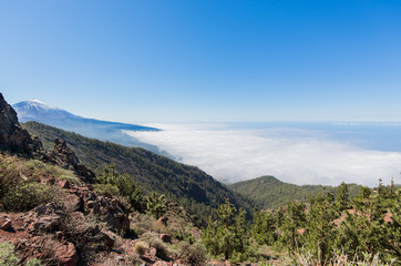 Beautiful landscape on clouds and the ocean from above. Tenerife Island, Canary Islands, Spain