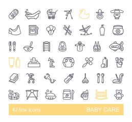 Linear icons on the theme of child care. Feeding and bathing of newborns