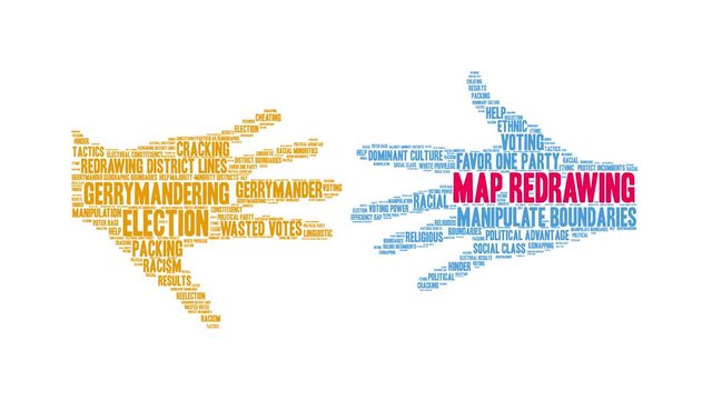Map Redrawing animated word cloud on a white background. 