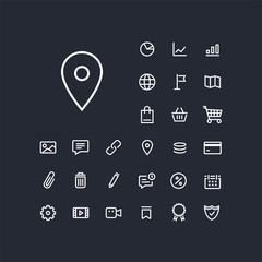 Pin icon in set on the white background. Universal linear icons to use in web and mobile app.
