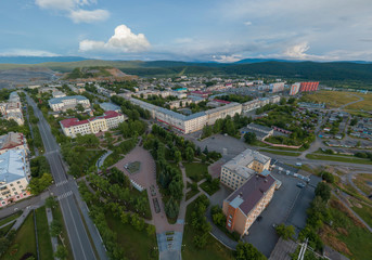 Satka city. Square. Chelyabinsk region, Russia. Aerial, summer, evening