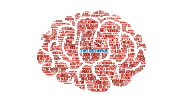 Gender Nonconforming Brain Animated Word Cloud on a white background. 