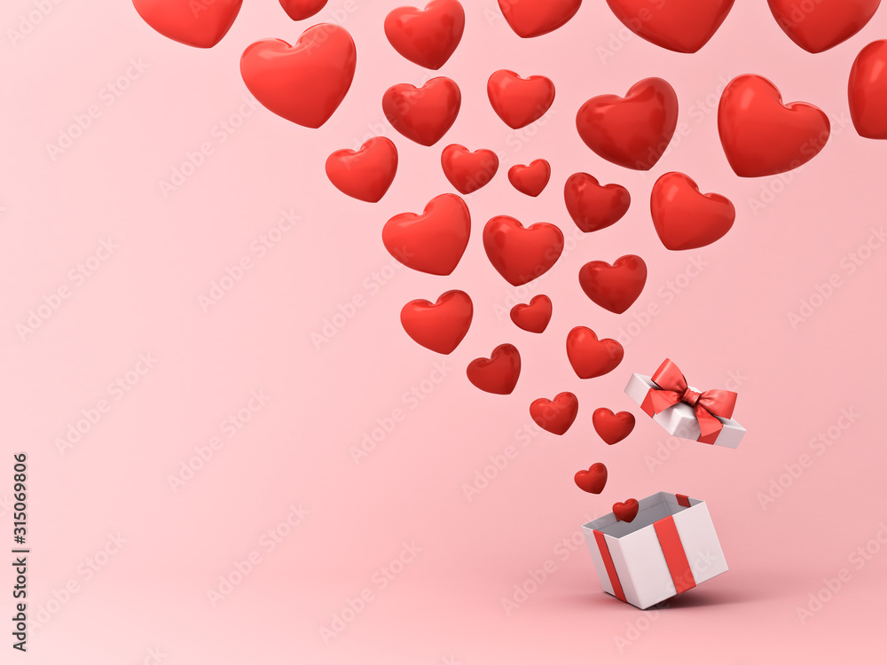 Aufkleber Open gift box with floating heart balloons isolated on pink pastel color background with shadow 3D rendering