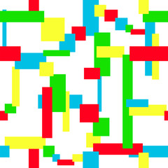Multicolored geometric seamless pattern. Red, blue, green, yellow rectangles and squares on a white background. Vector abstract minimalist design. Bright mosaic. Narrow and thick strips. EPS10