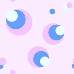 Chaotic spherical shapes. Vector seamless pattern. Purple, blue circles on a pink background. Multicolored abstract design for wallpaper, wrapping paper, textile, websites. EPS10 illustration