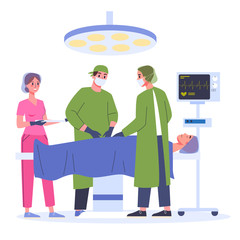 Surgery process with operating lamp medical staff and patient on table.