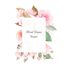 Floral frame of peach and blush roses flowers, leaves, branches. Romantic botanic illustration elements for wedding, greeting, and valentine card design vector © KeepMakingArt