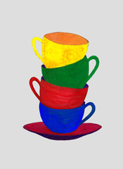 Colorful tea cups isolated on light gray background. Gouache technique. Hand drawn illustration.