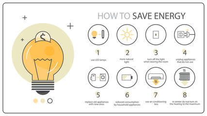 How to save energy instruction, ecology infographics. Idea of reducing energy