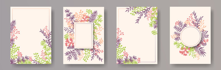 Tropical herb twigs, tree branches, leaves floral invitation cards collection. Plants borders natural cards design with dandelion flowers, fern, mistletoe, eucalyptus leaves, sage twigs.