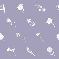 Flower background - Vector seamless pattern solid silhouettes of rose, tulip, chamomile, carnation, iris, callai, orchid, narcissus, sunflower, chrysanthemum and astra for graphic design