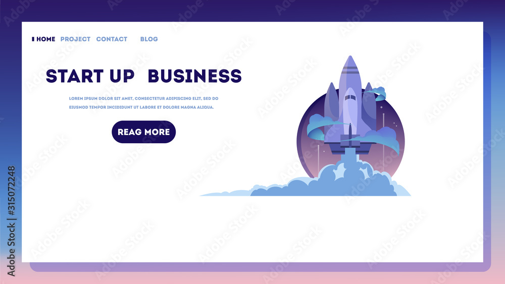 Poster start up web banner. rocket launch as a metaphor of startup.