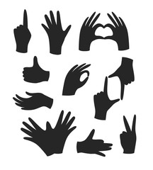 Hand gesture black icons isolated on the white background. Palm and finger vector symbols . Hand drawn design elements. The theatre of shadows.