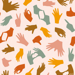 Seamless colorful pattern with hand gesture. Human hand, palm black silhouette. Vector repeating design for fabric, wallpaper or wrap paper.