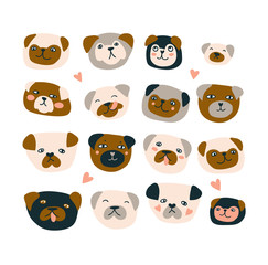 Cute vector heads of dogs isolated on the white background. Funny pugs print design for poster or t-shirt.