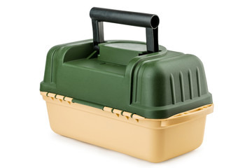 Box for fishing tackle on white background.