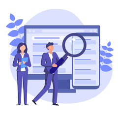 Business people using SERP on computer and smartphone. Search Engine Results Pages vector concept illustration.