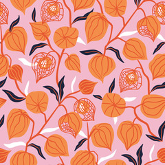 Fototapeta na wymiar Autumn botanical print with winter cherry. Branch with berries and leaves on the pink background. Seamless pattern in hand drawn style for fabric, wrapping or wallpaper.